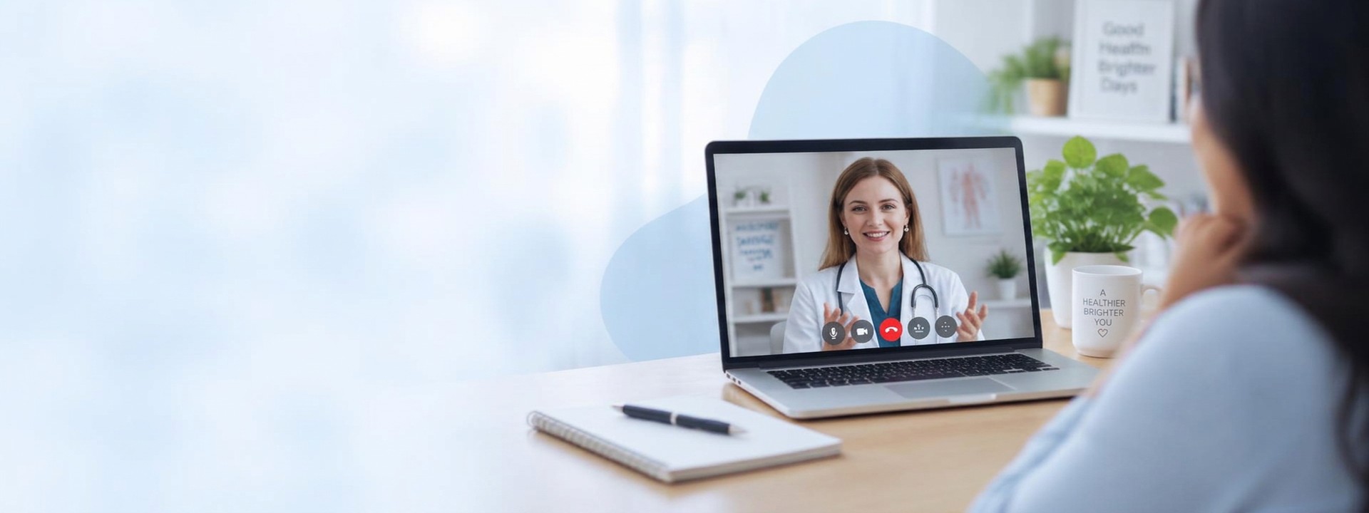 A customer meeting a health expert by video call from home